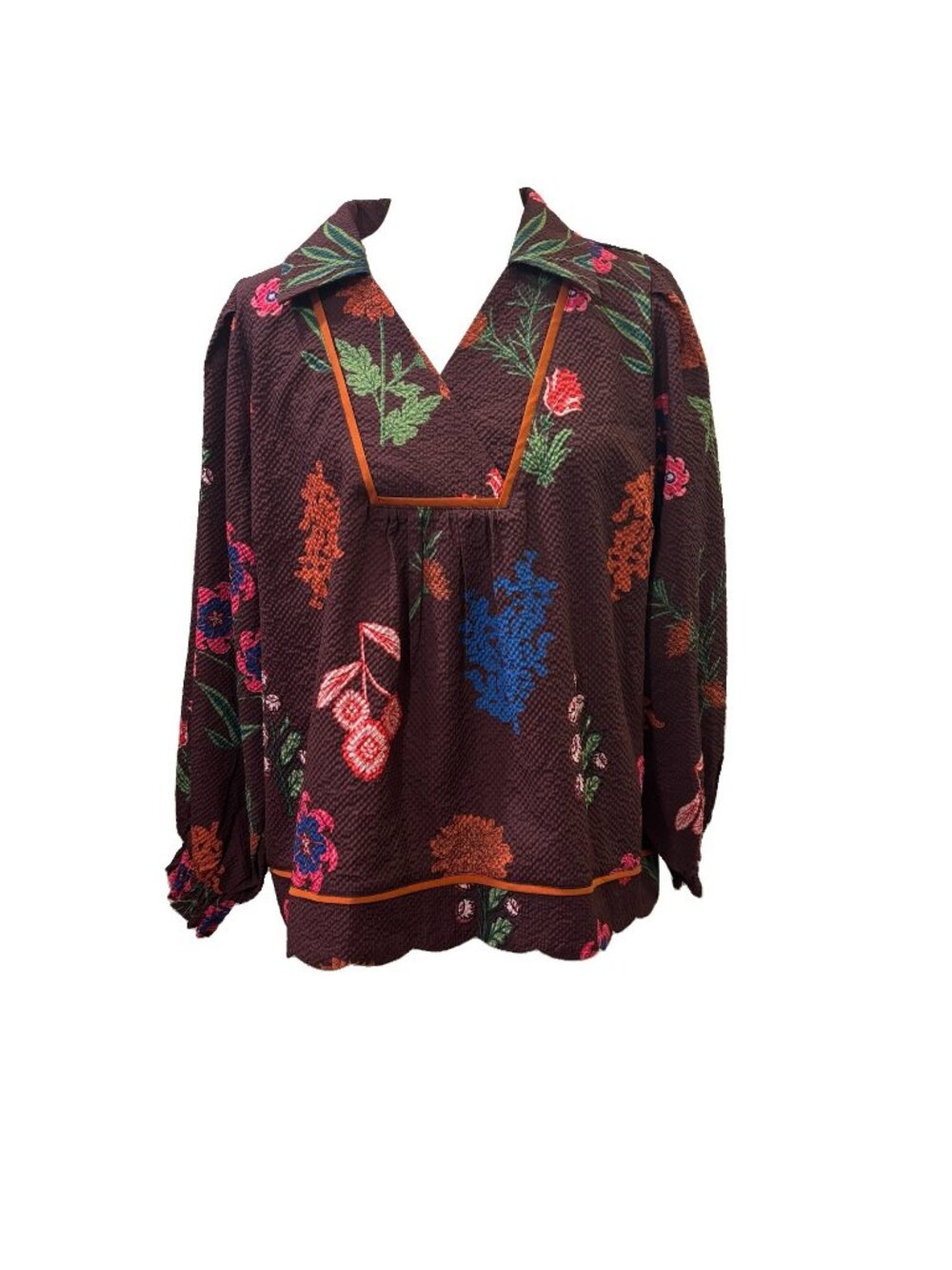 umgee Floral Woven Polyester Collared Blouse Balloon Long Sleeve Size M